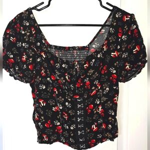 Hot Topic Black Puff Sleeve Crop Top With Mushroom Theme